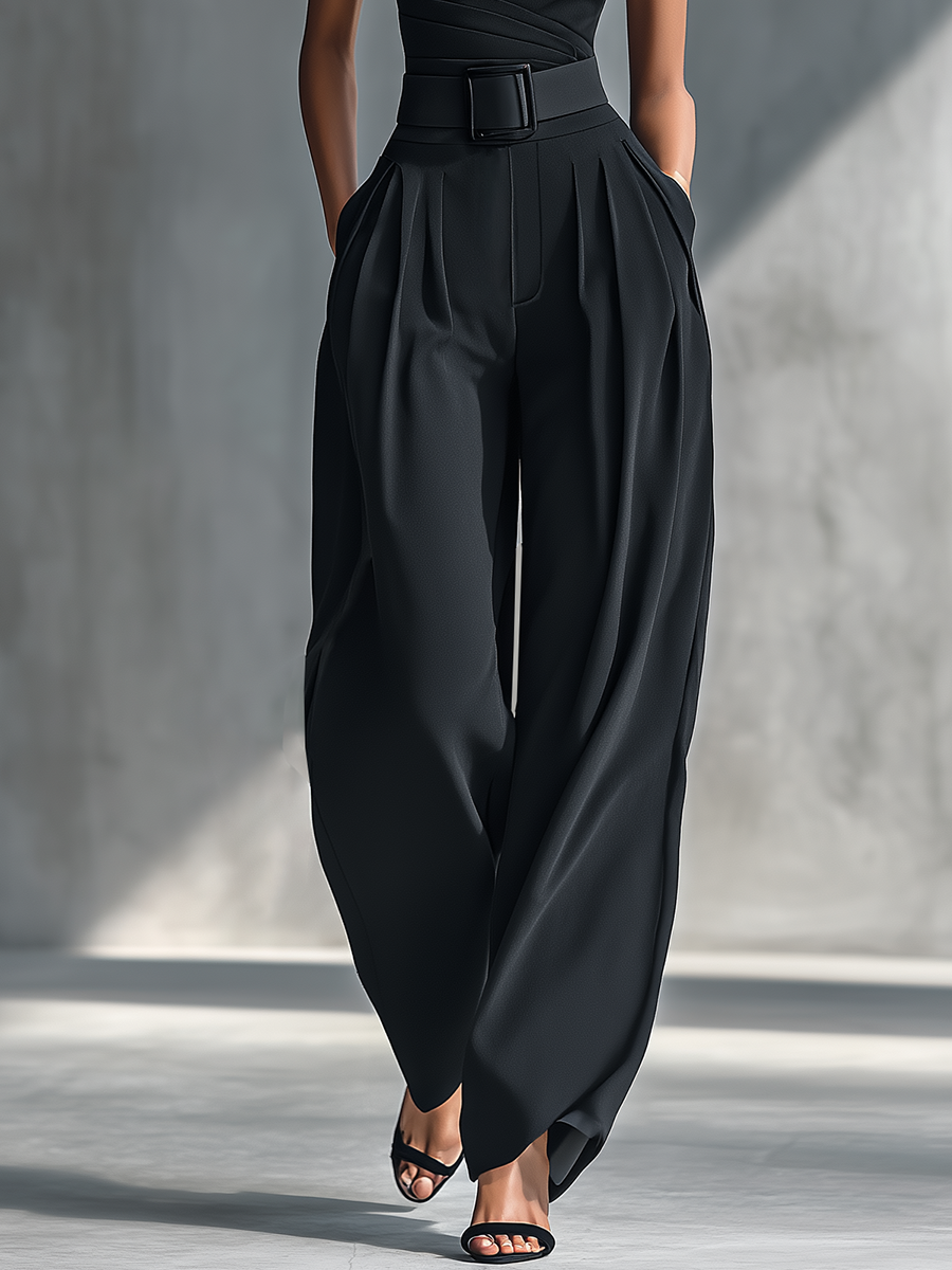 Black matching set with one-shoulder top and pleated wide leg pants - view 4
