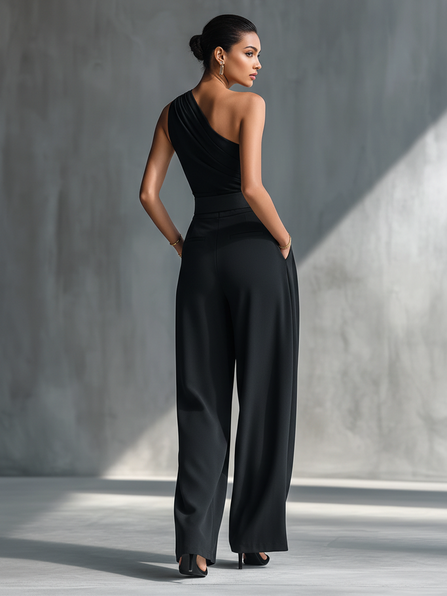 Black matching set with one-shoulder top and pleated wide leg pants - view 5
