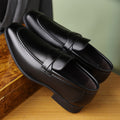 Men's top strap penny loafers, side view