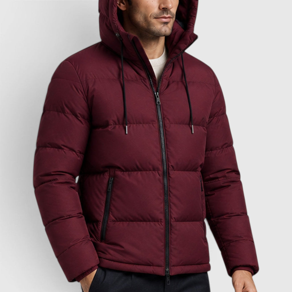 Men's essential hooded puffer jacket, back view