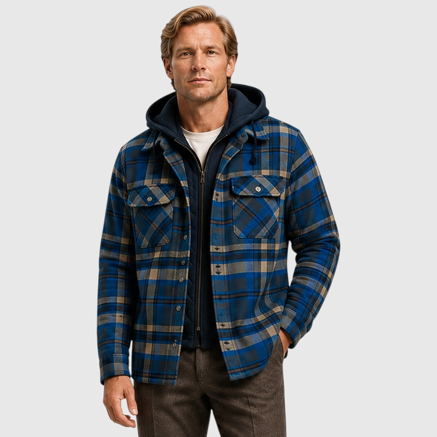 Men's checked hooded quilted padded jacket, back view