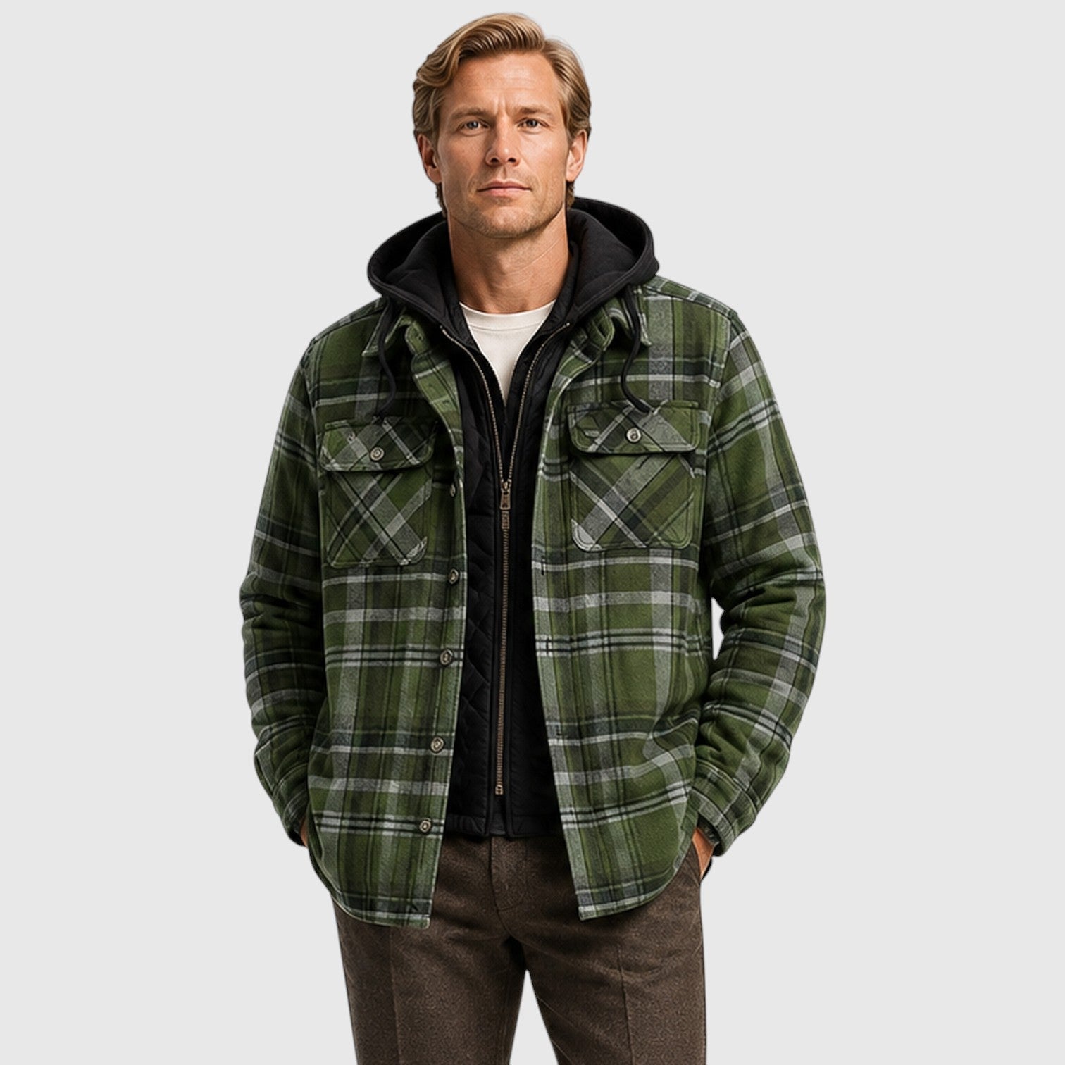 Men's checked hooded quilted padded jacket, view 5