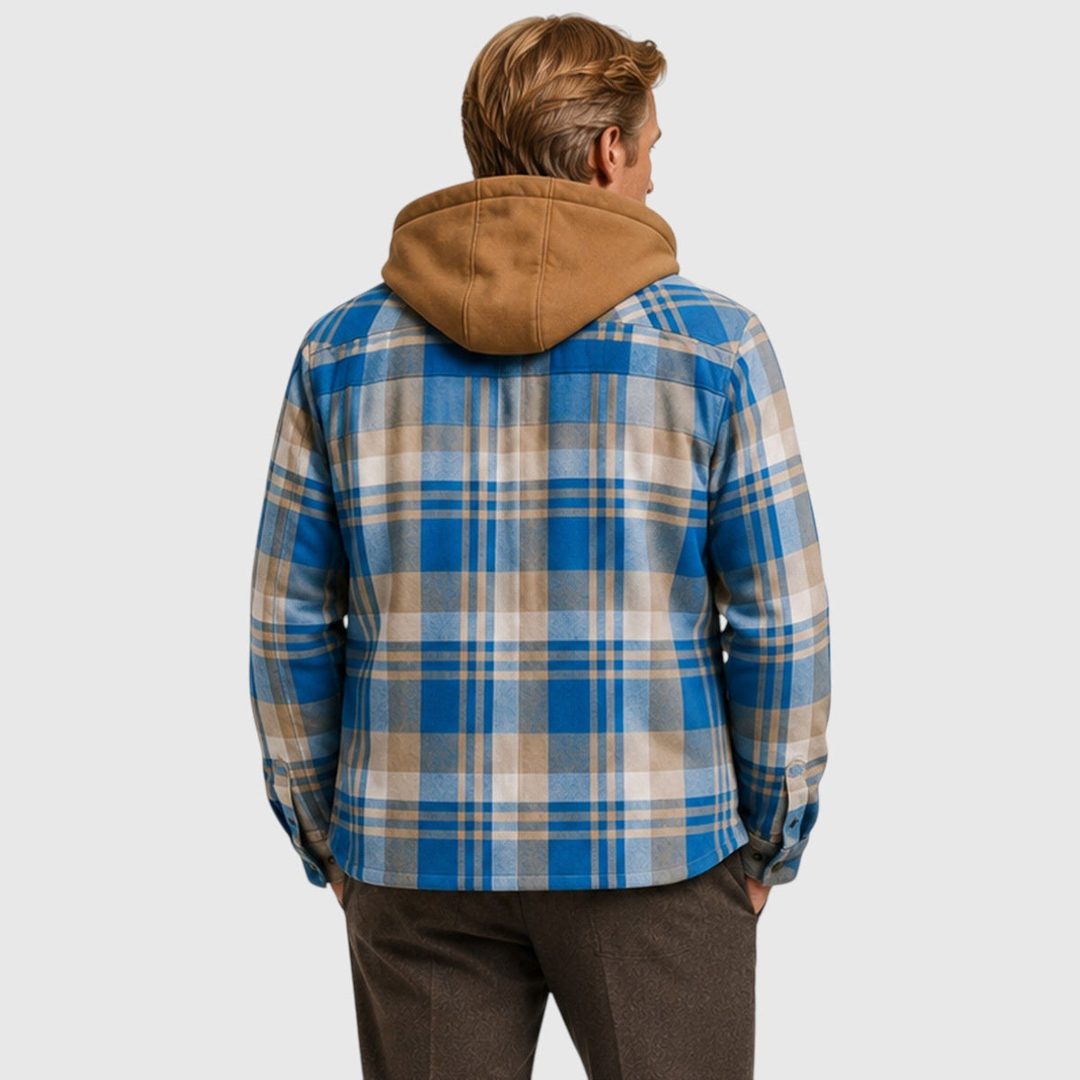 Men's checked hooded quilted padded jacket, side view