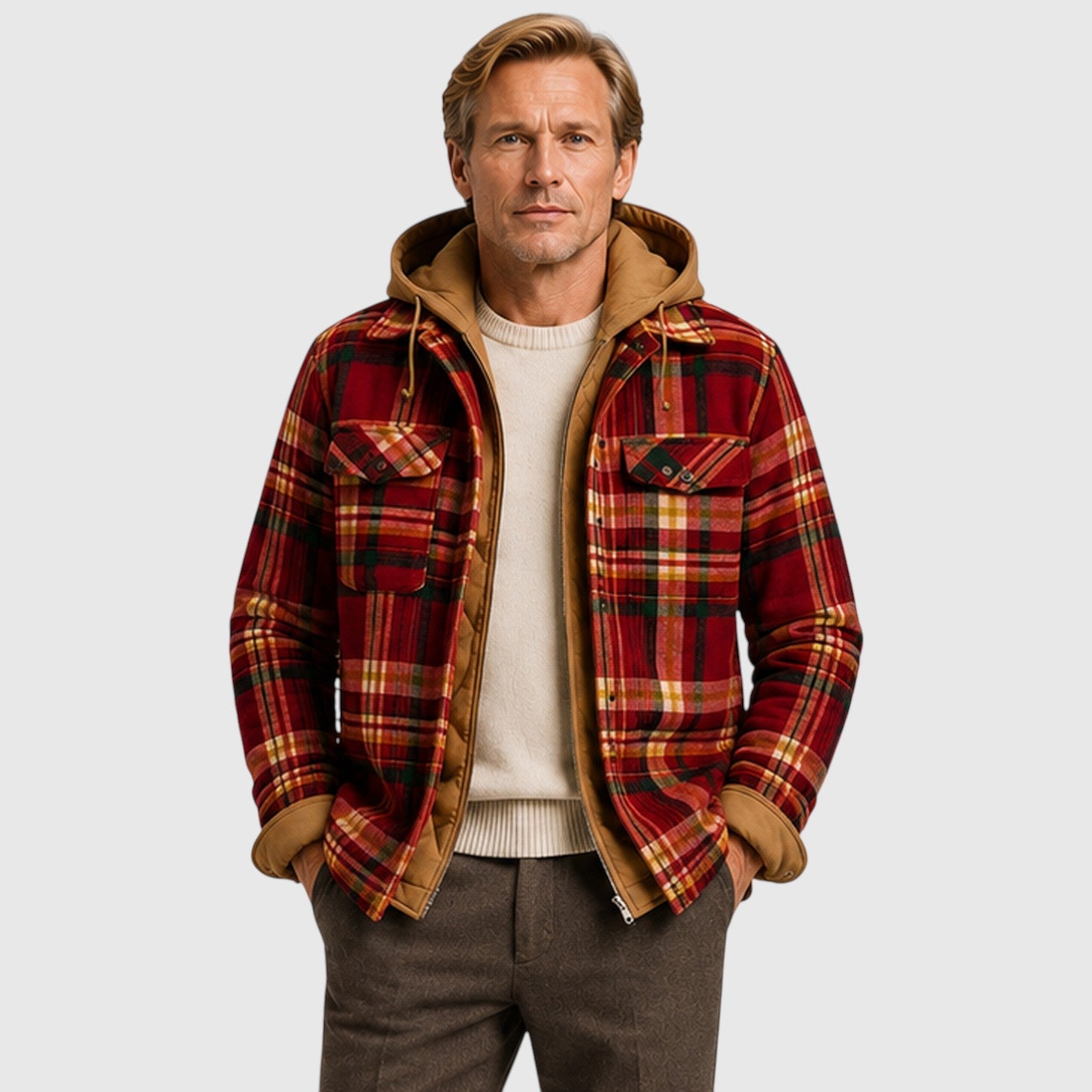 Men's checked hooded quilted padded jacket, view 8