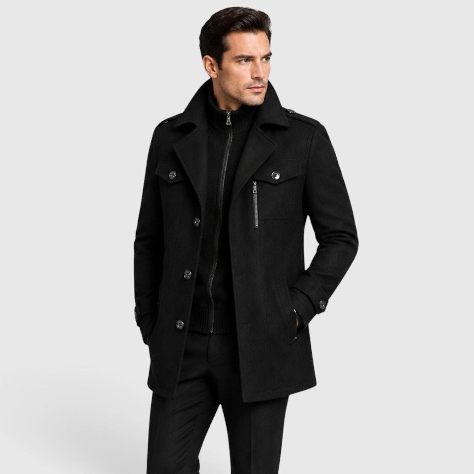 Men's quilted lined wool blend overcoat, side view