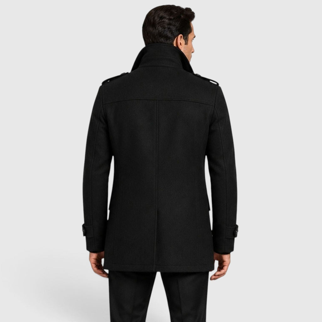 Men's quilted lined wool blend overcoat, back view