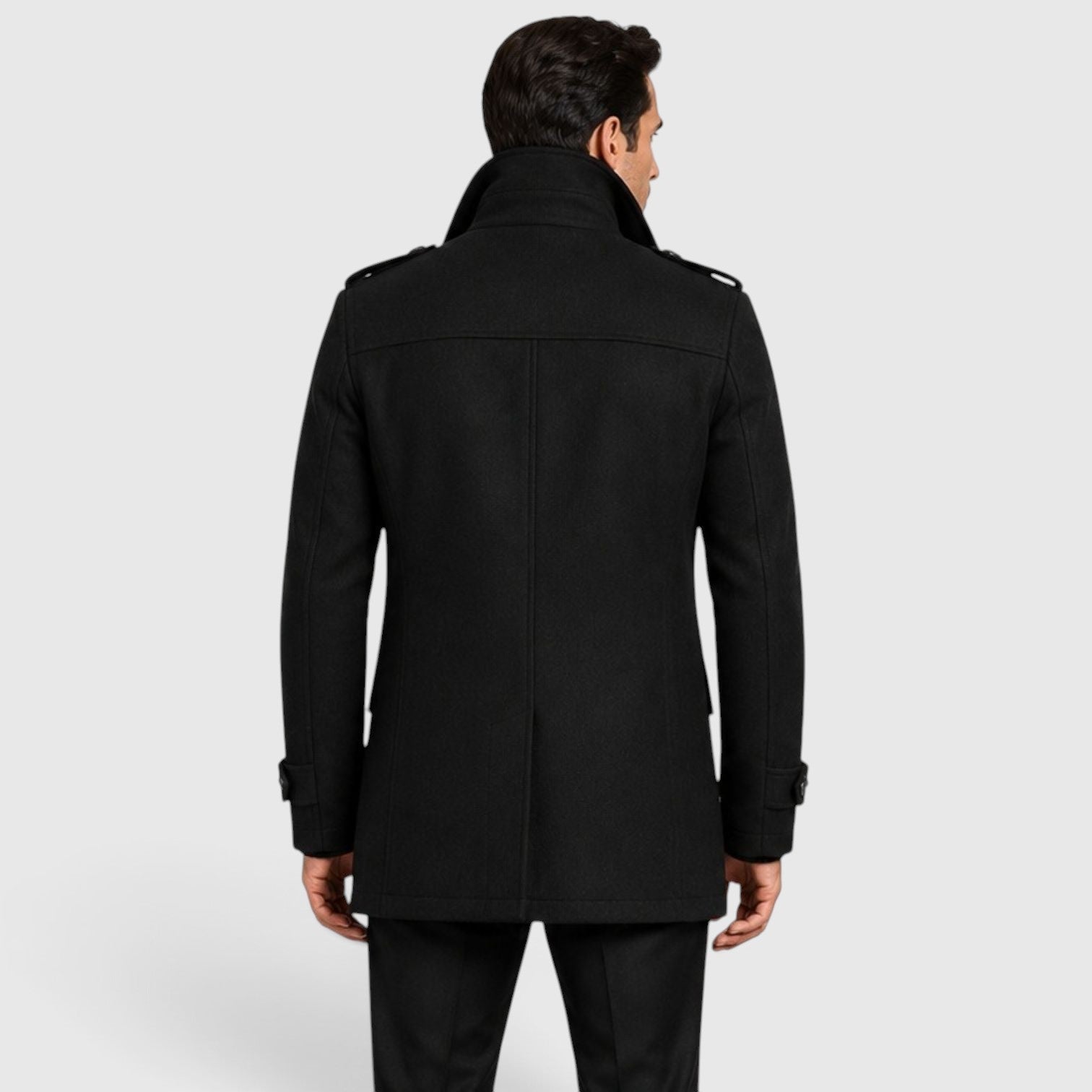 Men's quilted lined wool blend overcoat, back view
