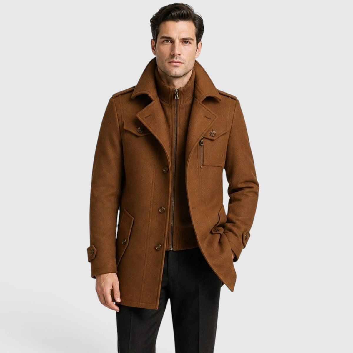 Men's quilted lined wool blend overcoat, detail