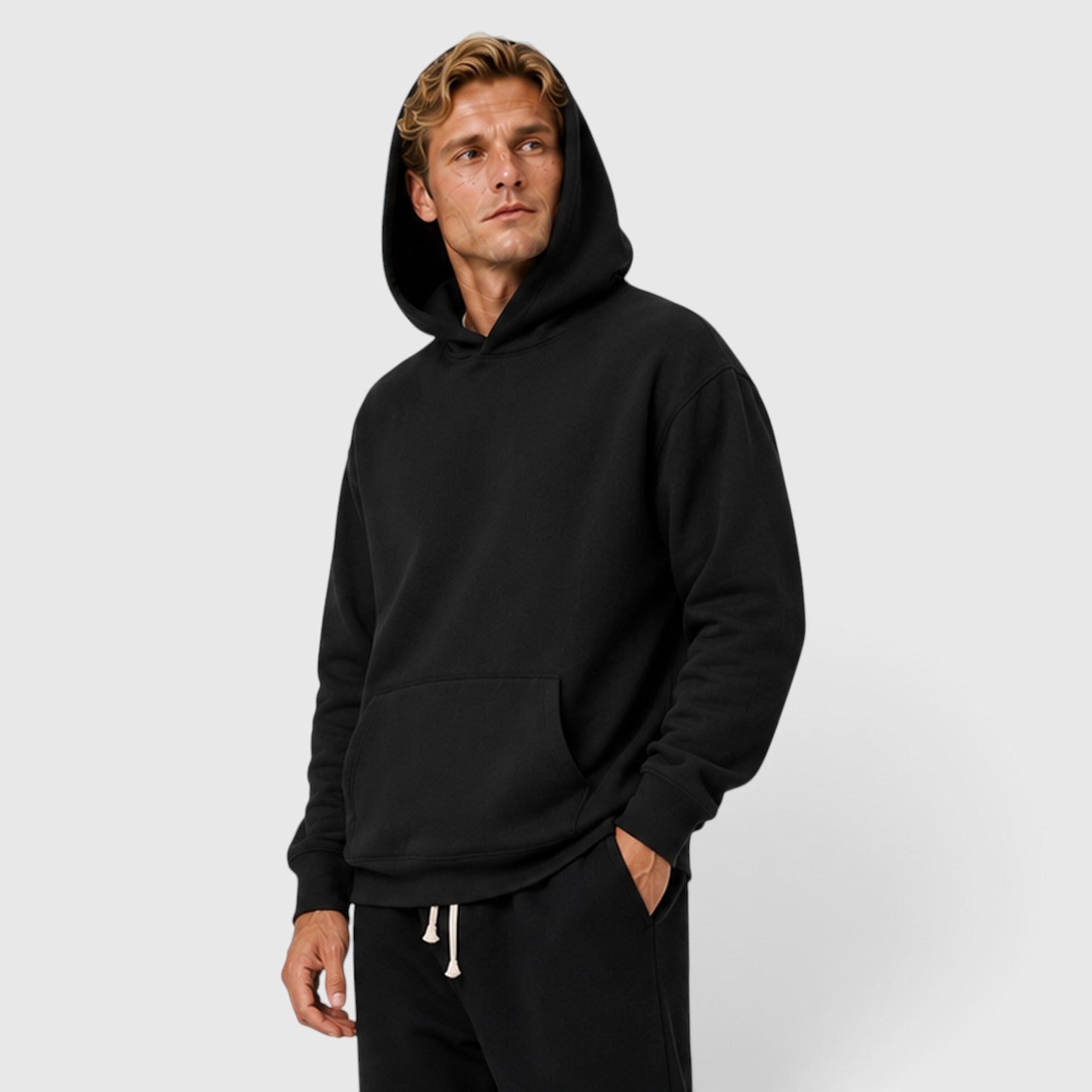 Men's cotton pullover hoodie, side view