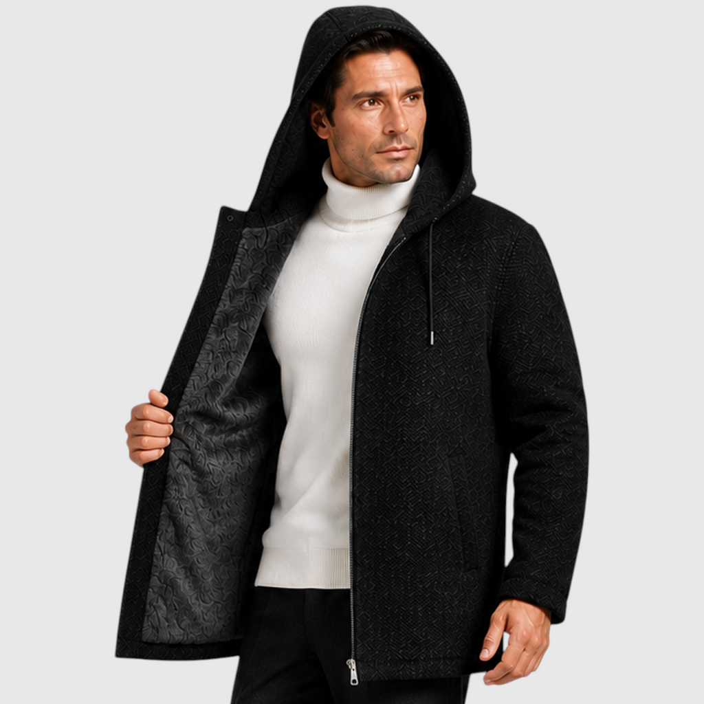 Men's fleece lined hooded zip cardigan, side view