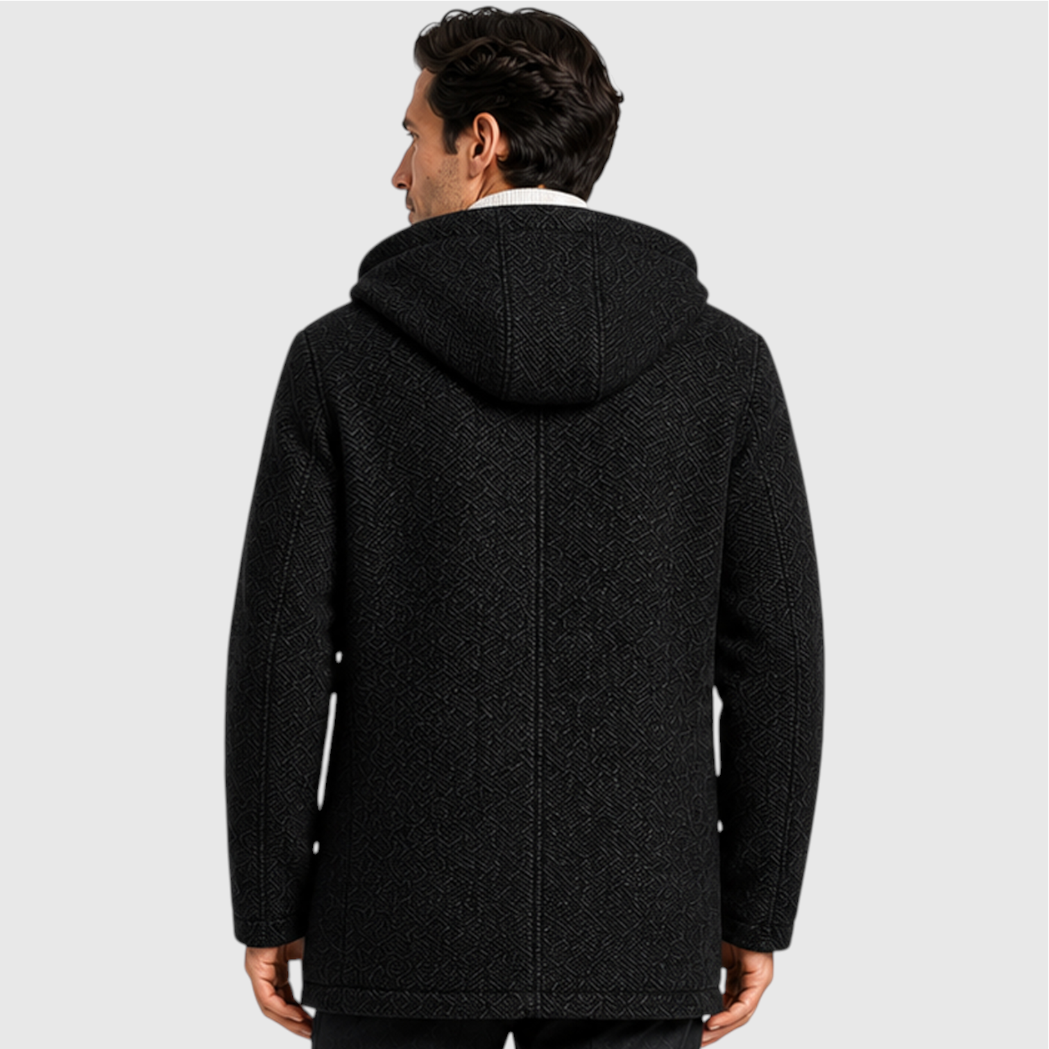 Men's fleece lined hooded zip cardigan, back view