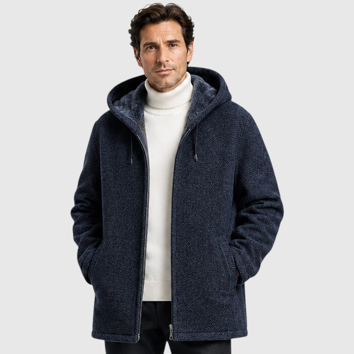 Men's fleece lined hooded zip cardigan, detail