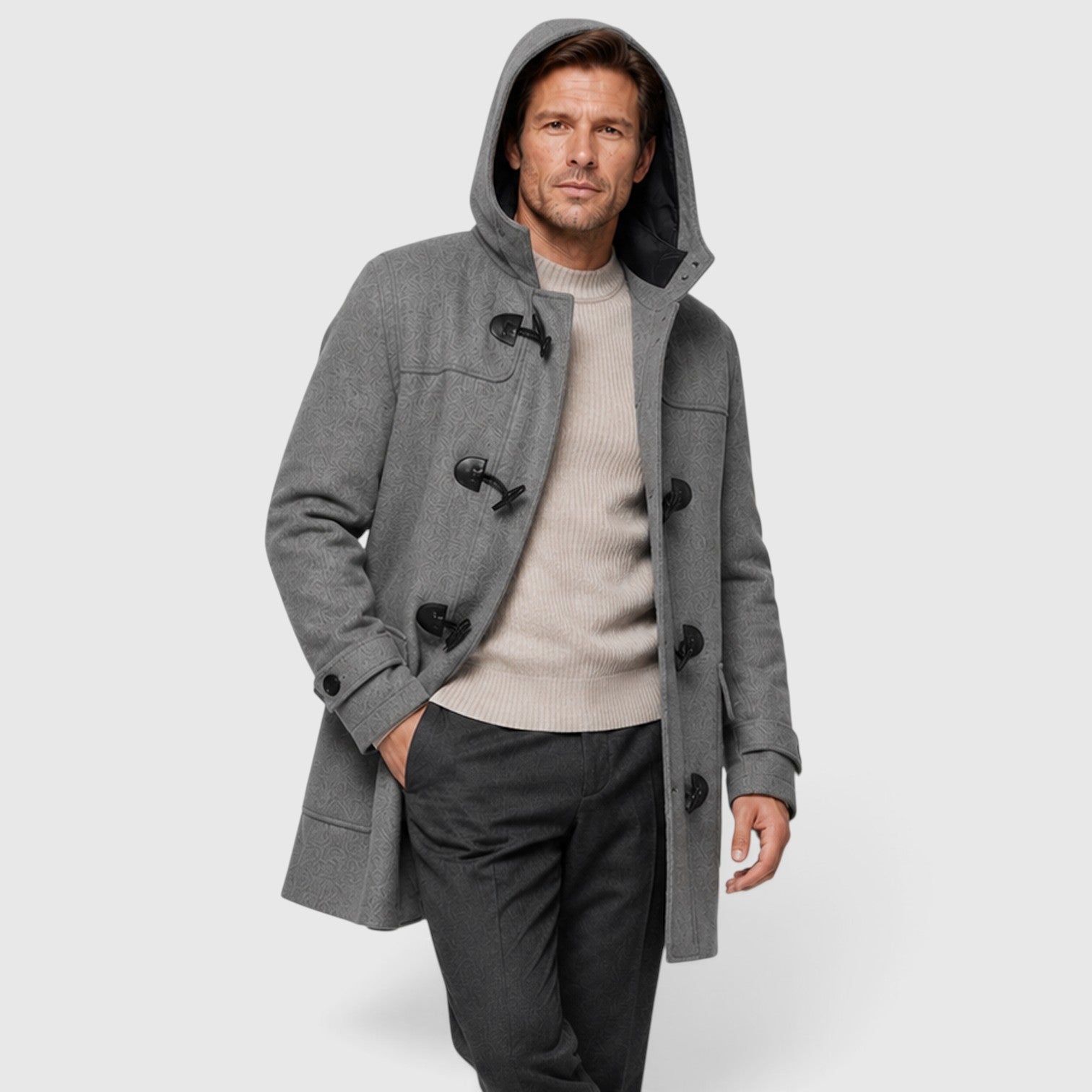 Men's hooded wool duffle coat, side view