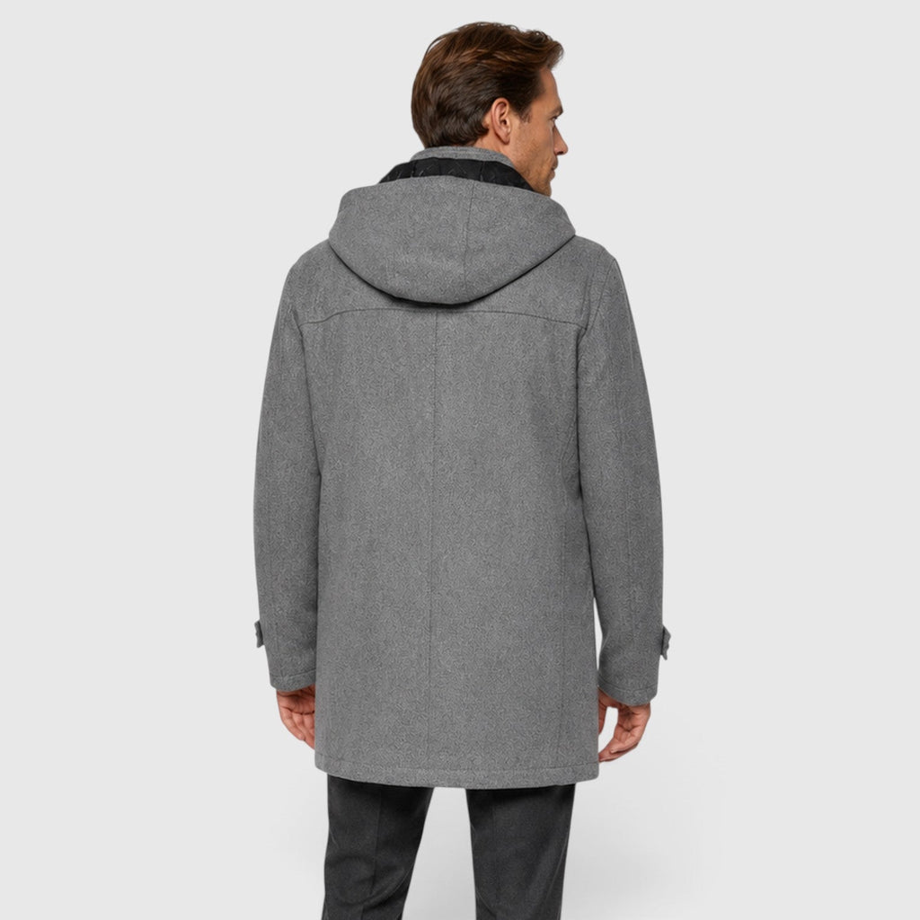 Men's hooded wool duffle coat, back view