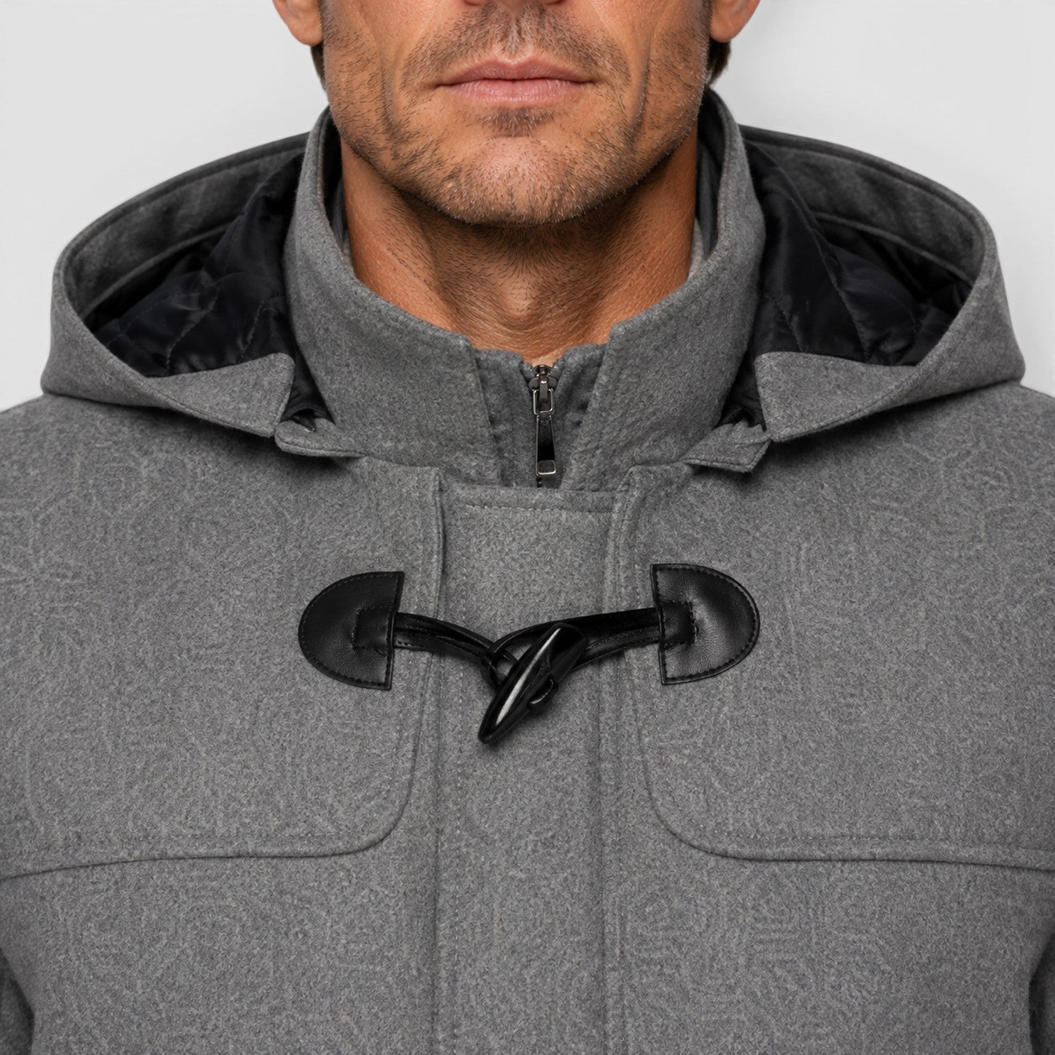 Men's hooded wool duffle coat, detail