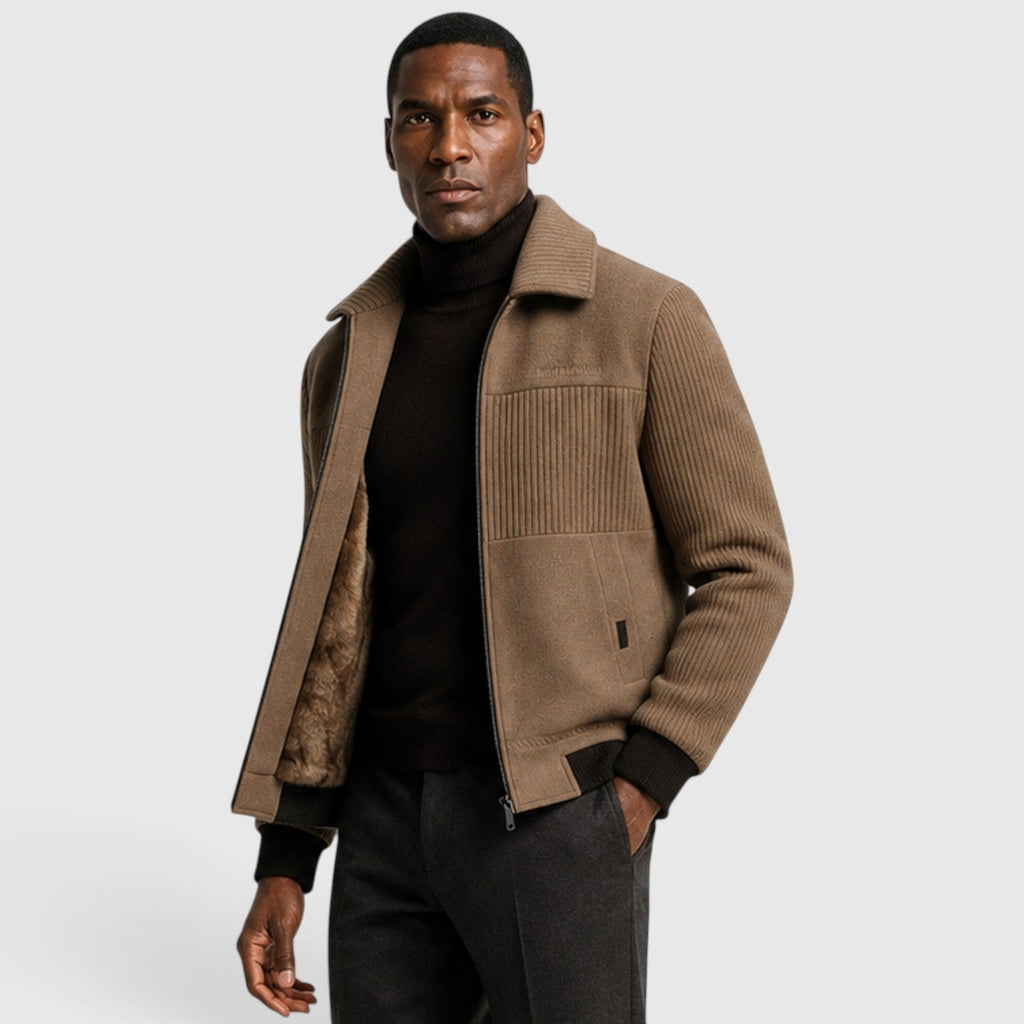 Men's ribbed fleece lined zip jacket, side view