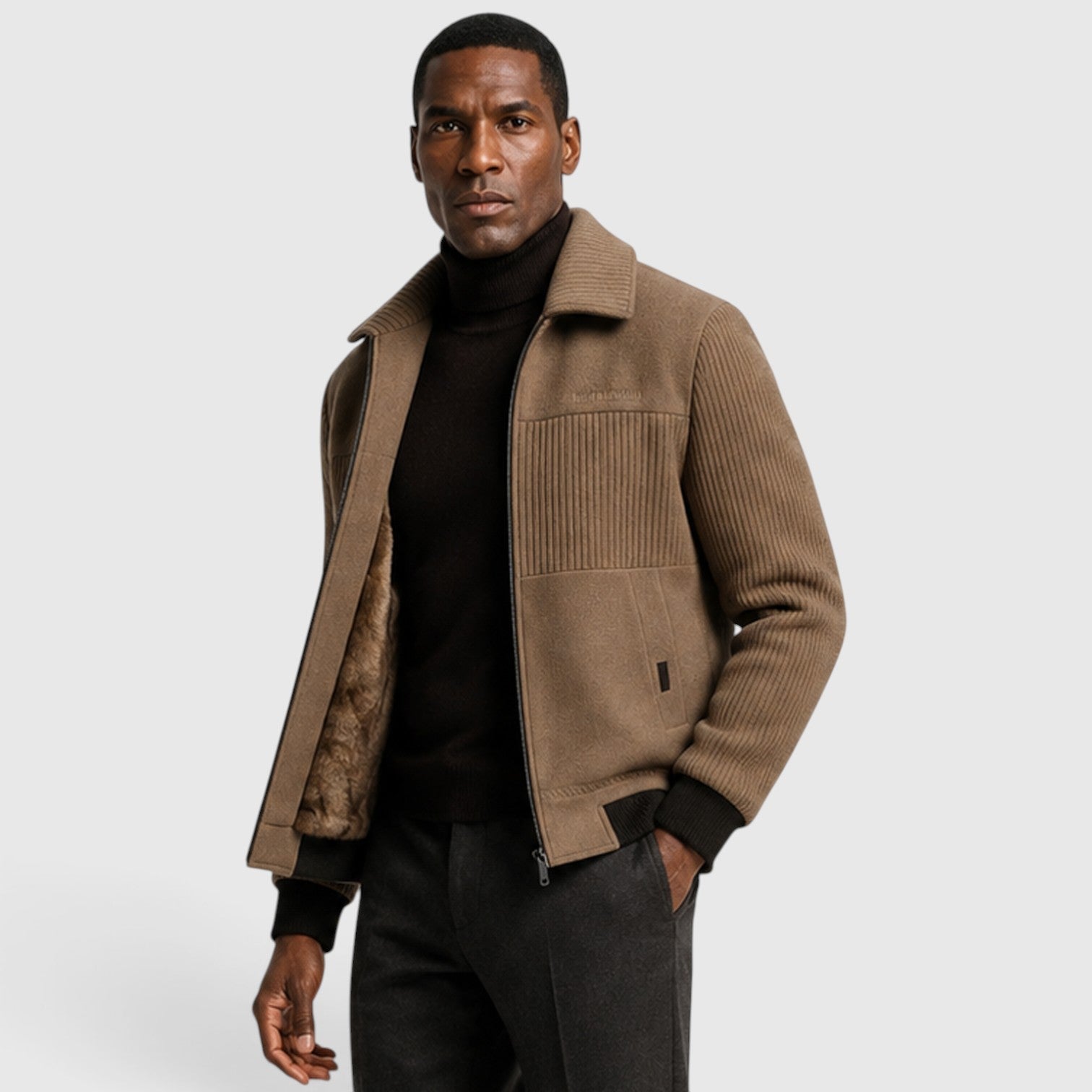 Men's ribbed fleece lined zip jacket, side view