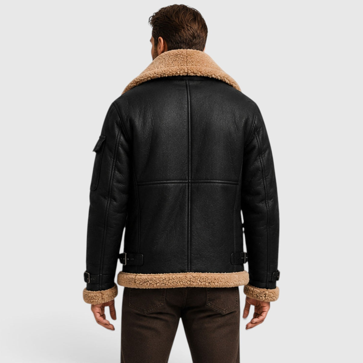 Men's faux fur lined leather jacket, side view