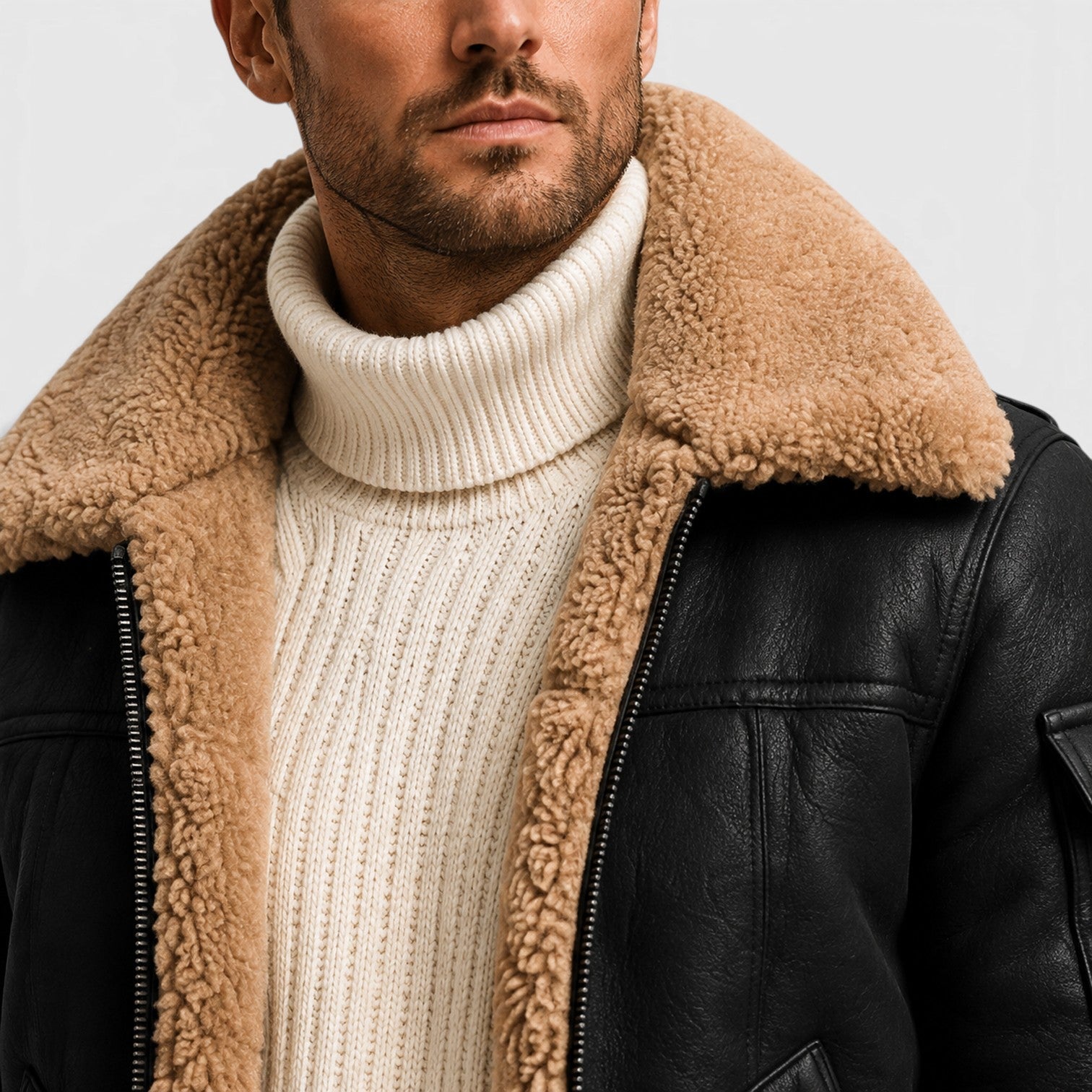Men's faux fur lined leather jacket, back view