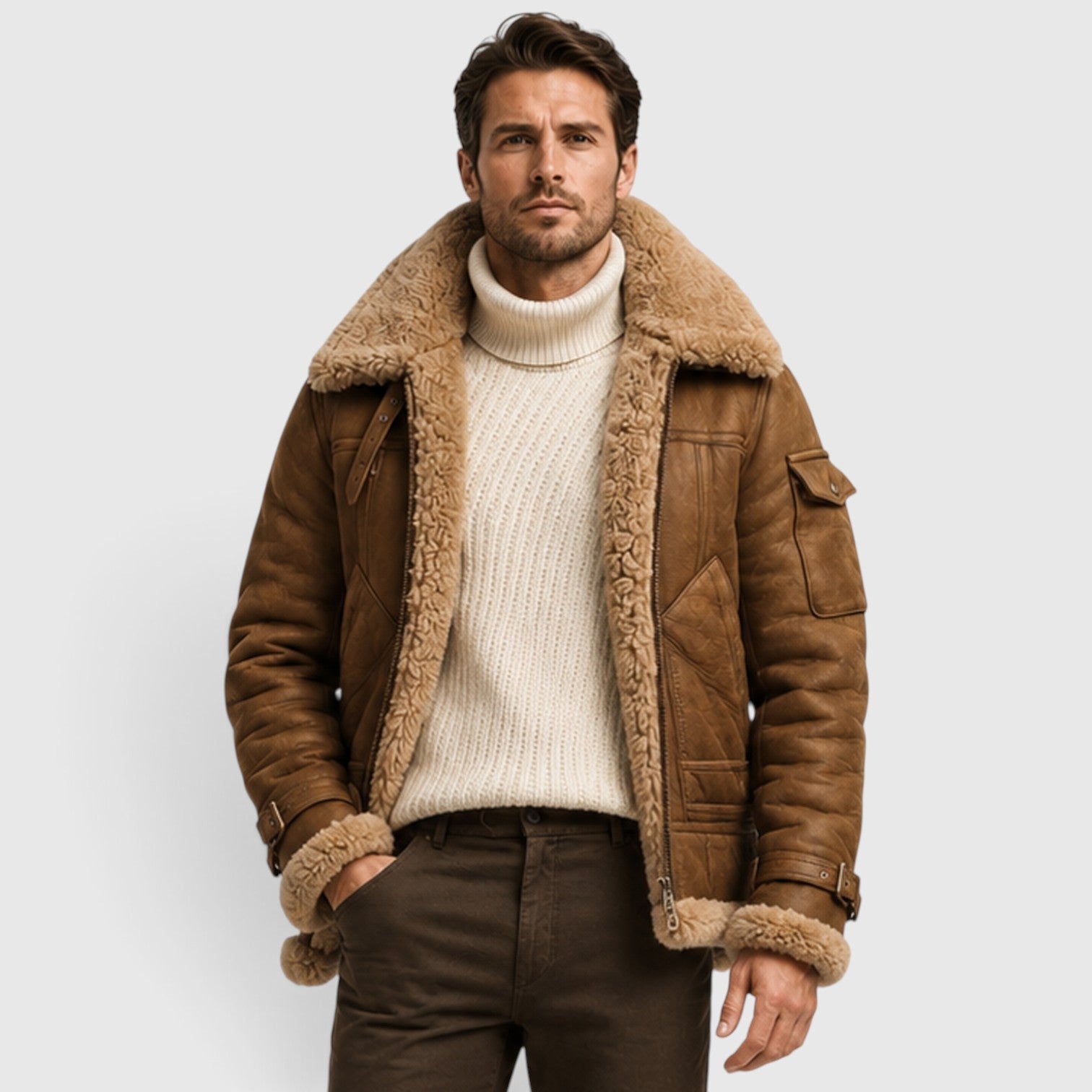 Men's faux fur lined leather jacket, detail