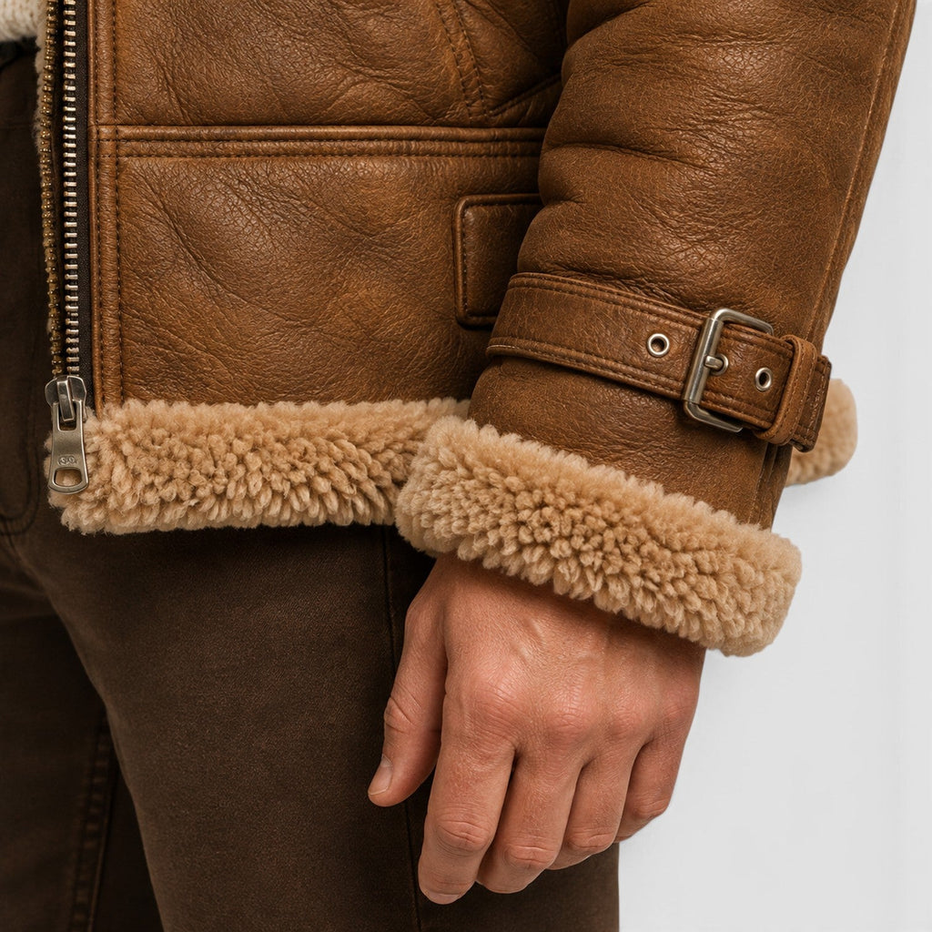 Men's faux fur lined leather jacket, view 6