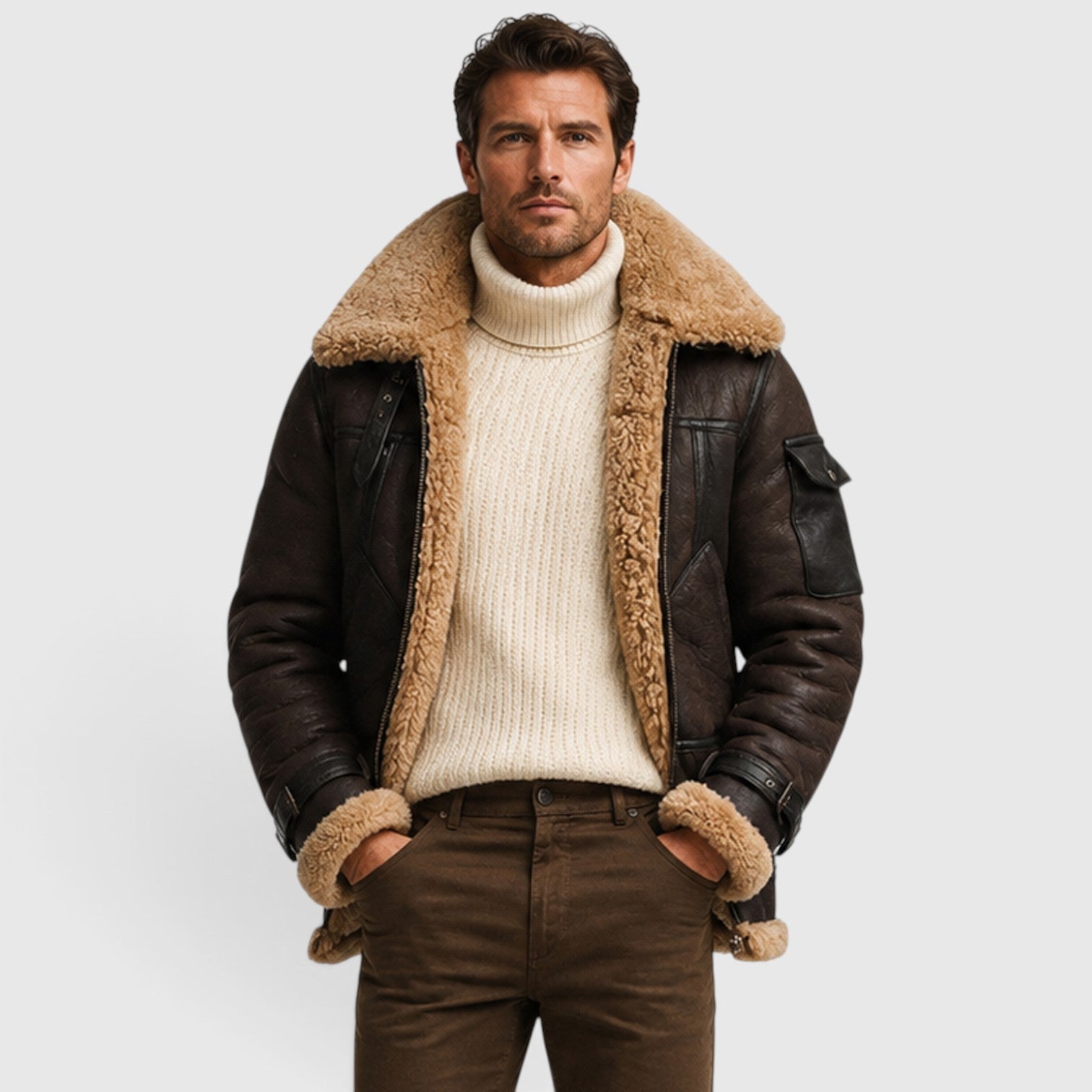 Men's faux fur lined leather jacket, view 7