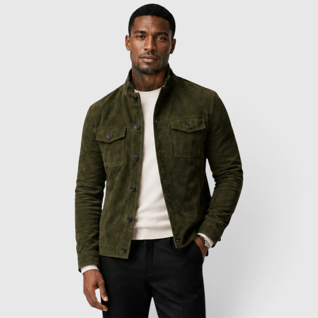 Men's button front suede overshirt jacket