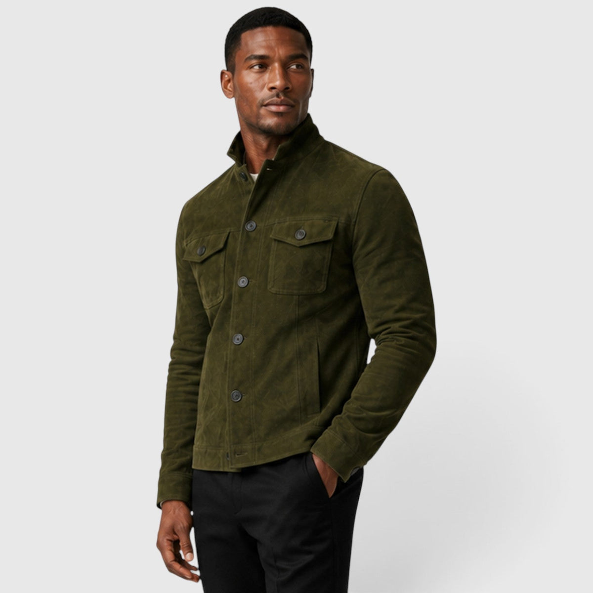 Men's button front suede overshirt jacket, side view