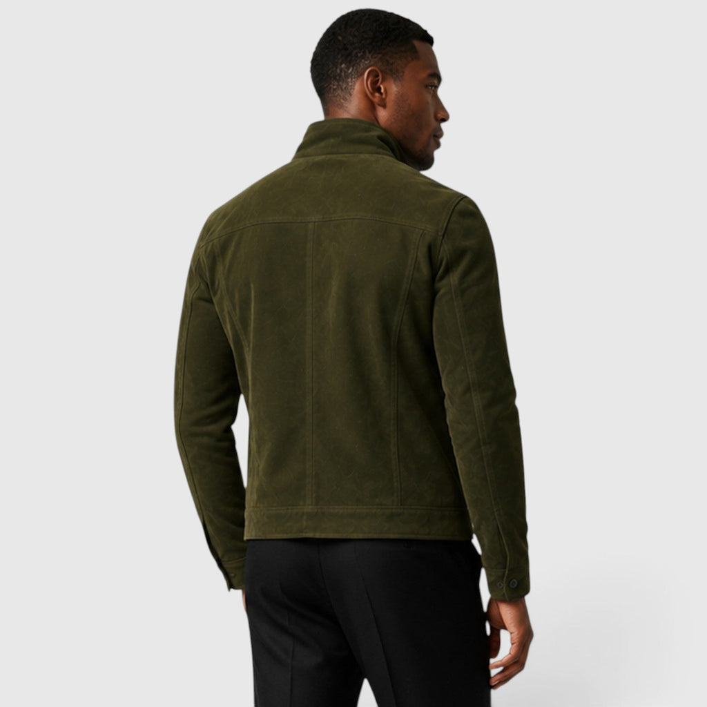 Men's button front suede overshirt jacket, back view