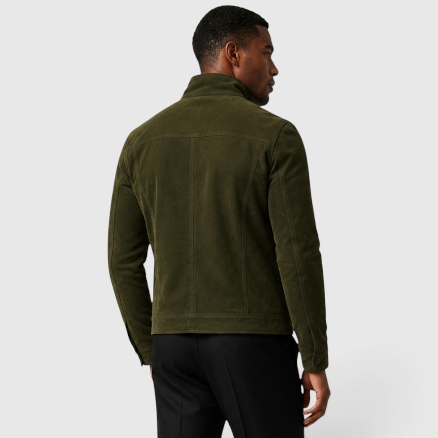 Men's button front suede overshirt jacket, back view