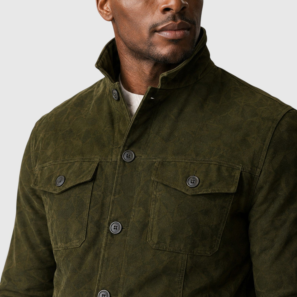 Men's button front suede overshirt jacket, detail