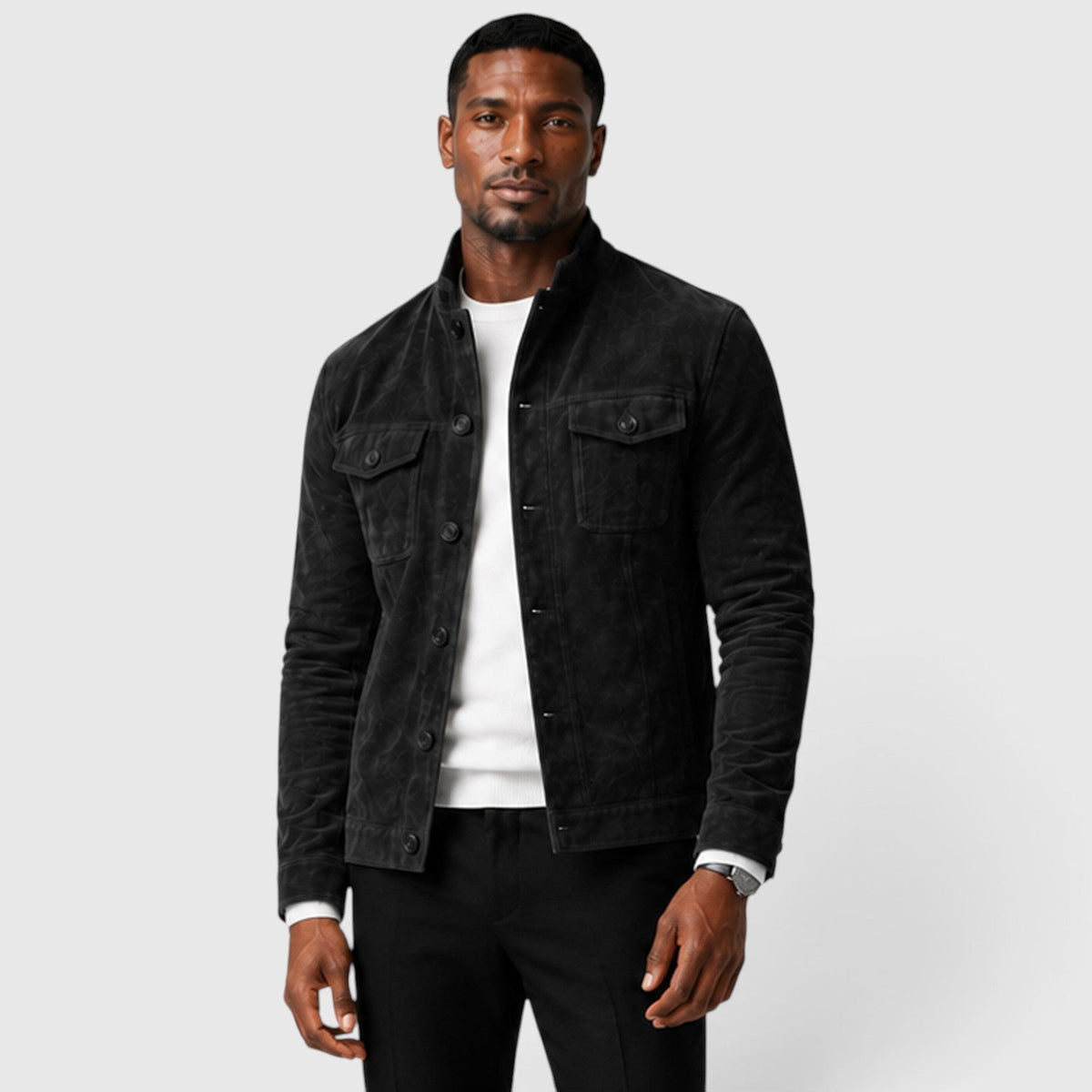Men's button front suede overshirt jacket, view 5
