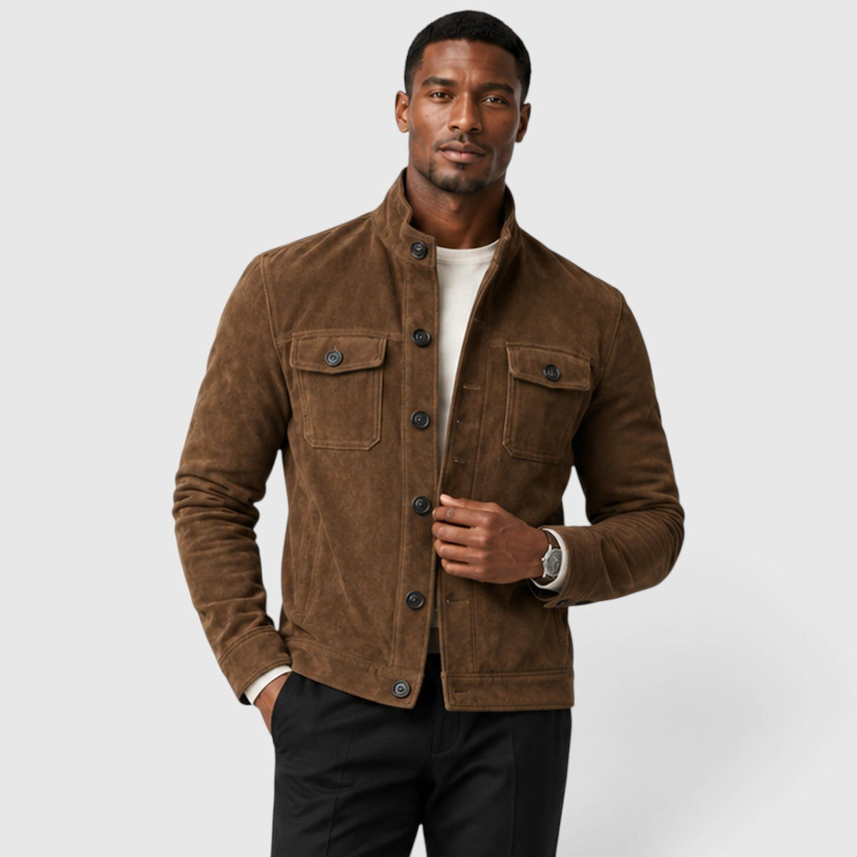Men's button front suede overshirt jacket, view 8