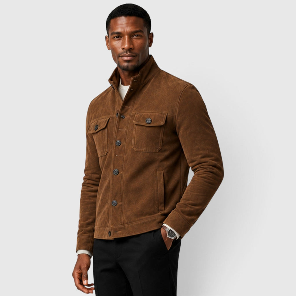 Men's button front suede overshirt jacket, view 9