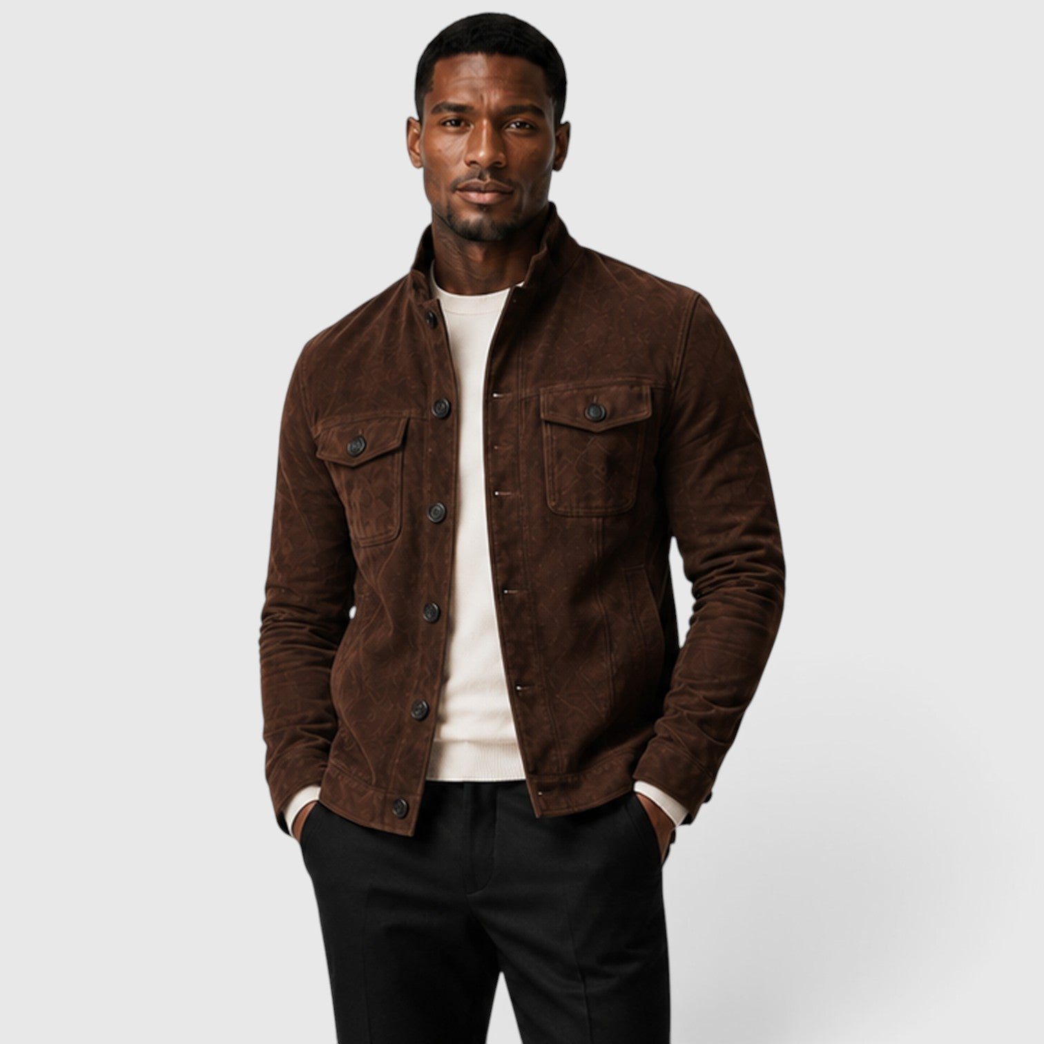 Men's button front suede overshirt jacket, view 12