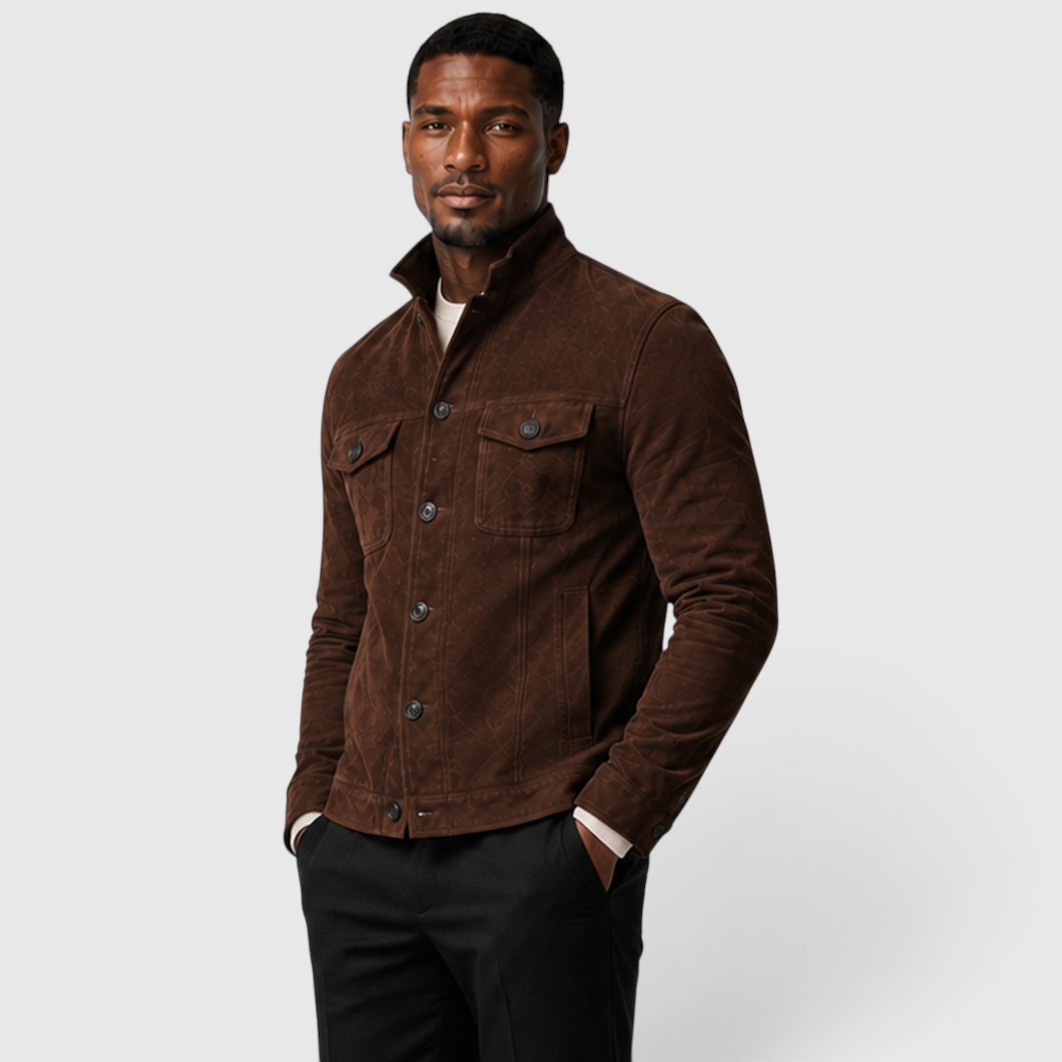 Men's button front suede overshirt jacket, view 13