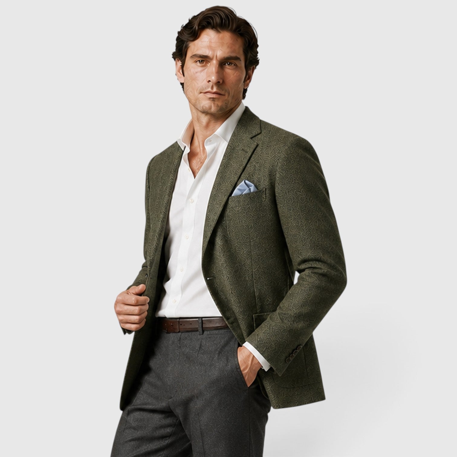 Men's single breasted tailored blazer, side view
