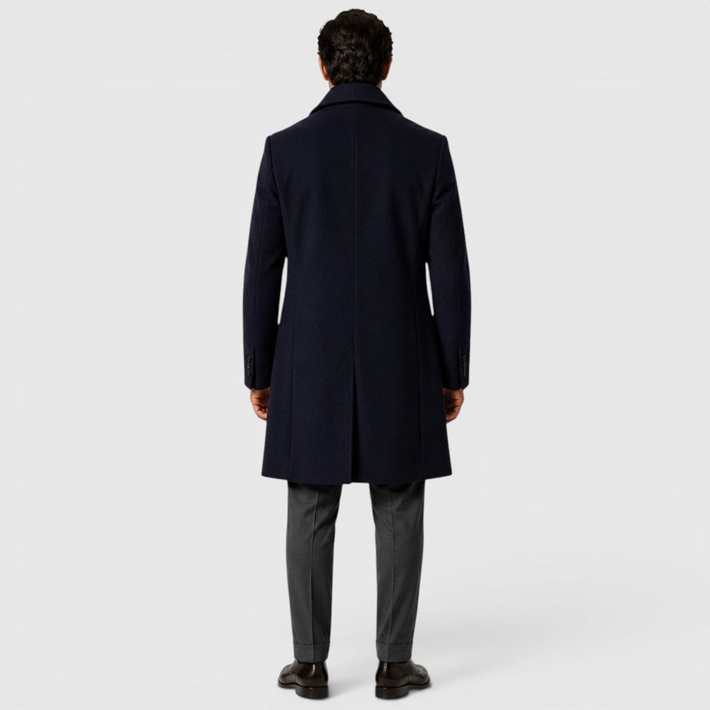 Men's classic wool blend trench coat, side view