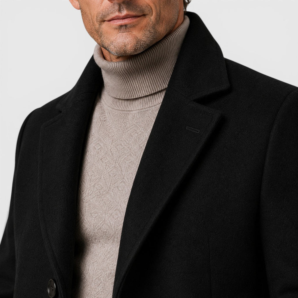 Men's classic wool blend trench coat, back view