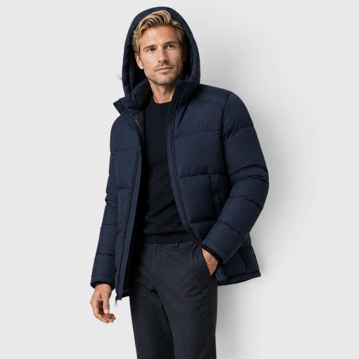 Men's quilted hooded puffer jacket, back view