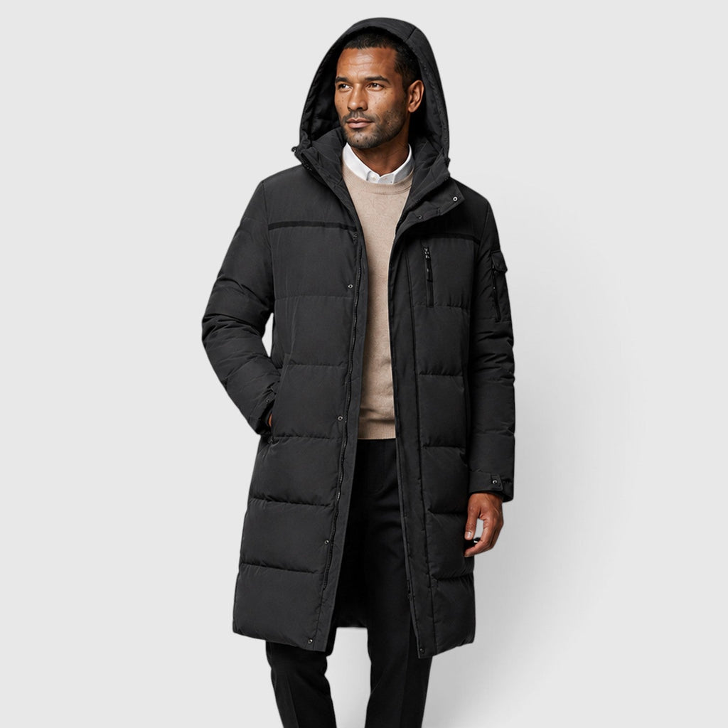 Men's long duck down puffer coat, side view