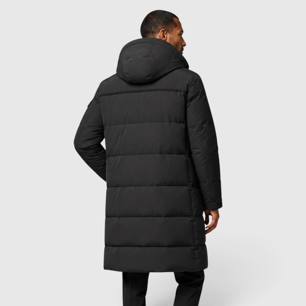 Men's long duck down puffer coat, back view