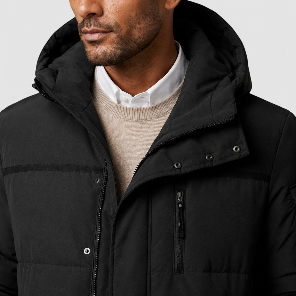 Men's long duck down puffer coat, detail