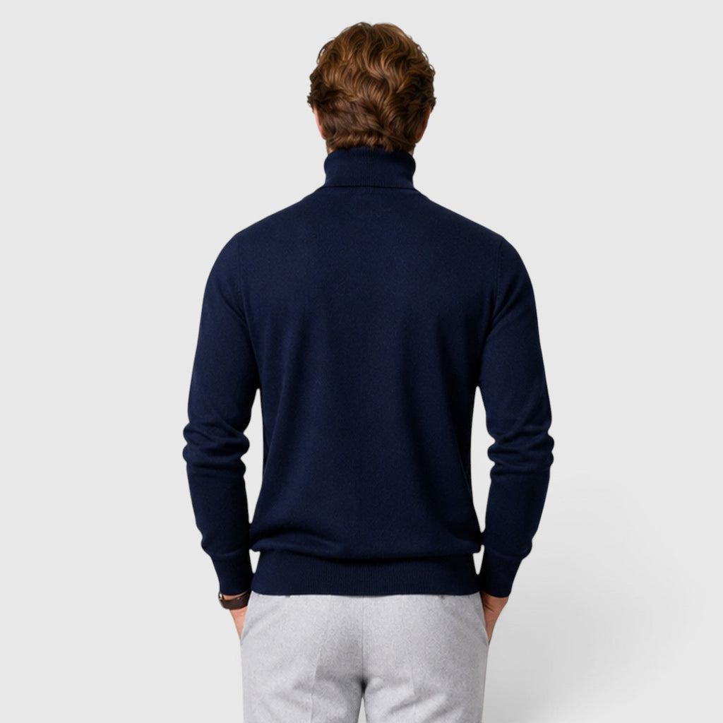 Men's loose fit wool blend roll neck jumper, side view