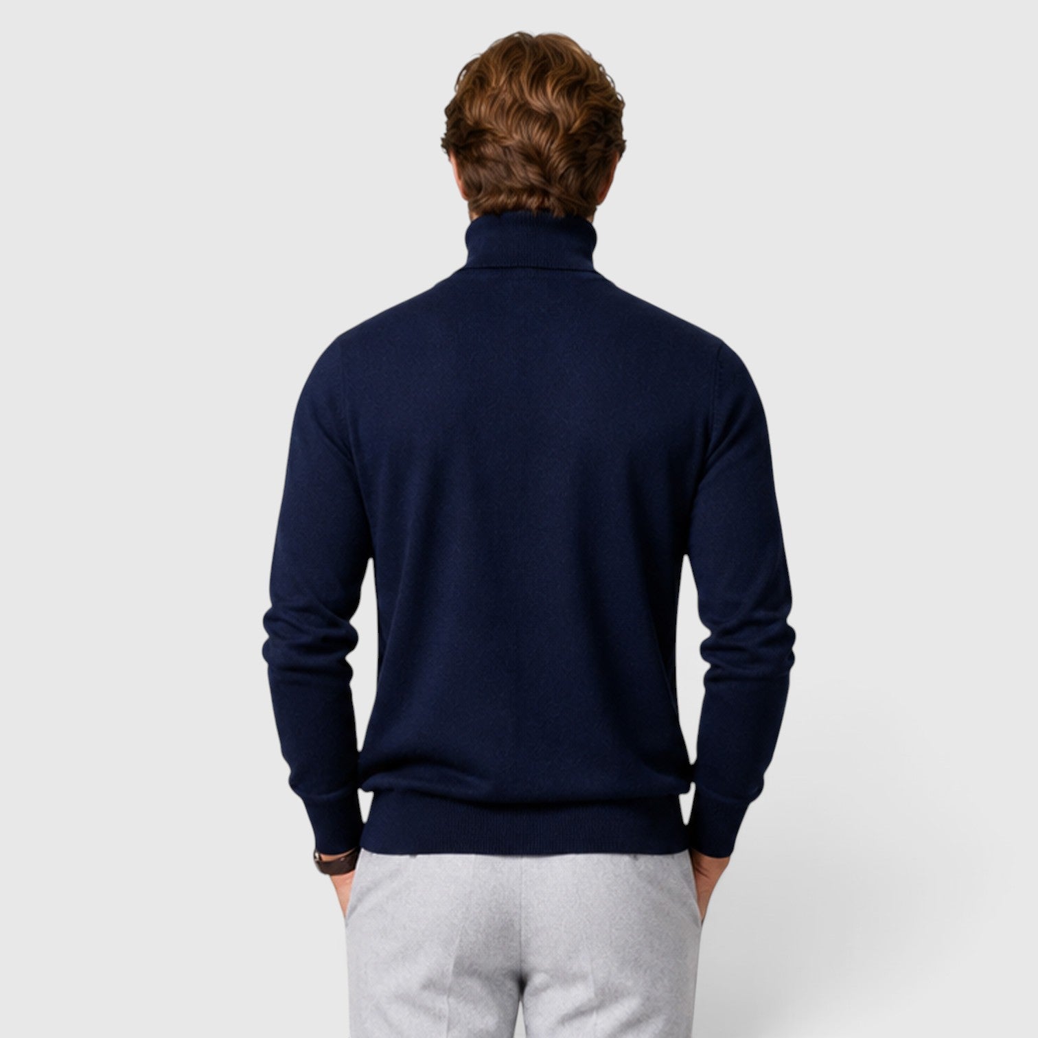 Men's loose fit wool blend roll neck jumper, side view