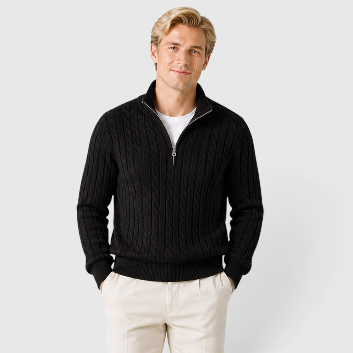 Men's cable knit zip neck jumper, view 9