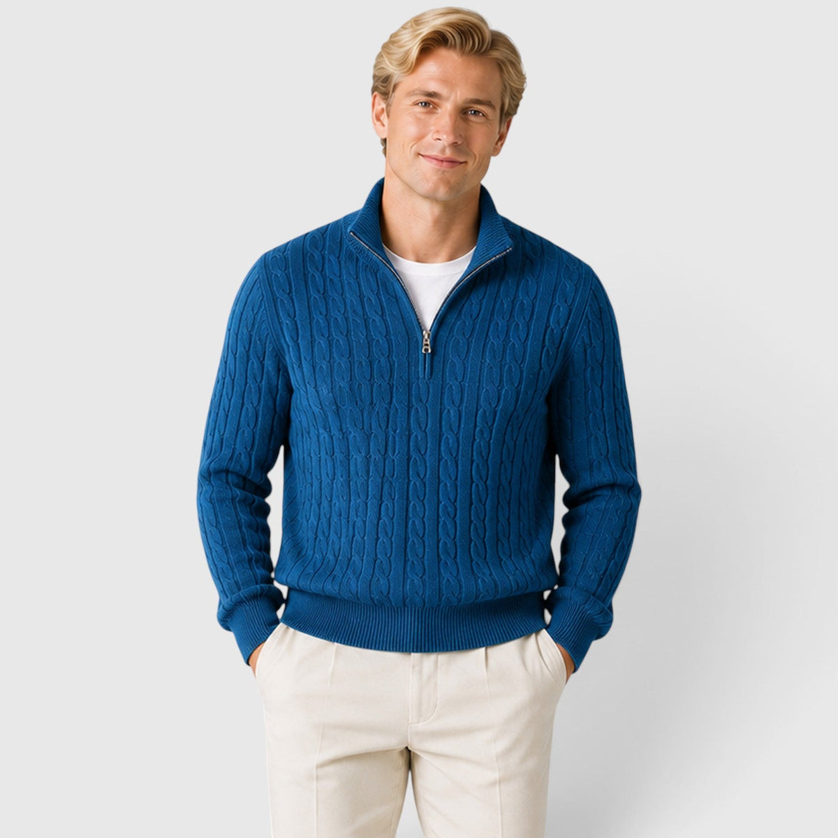 Men's cable knit zip neck jumper, view 11
