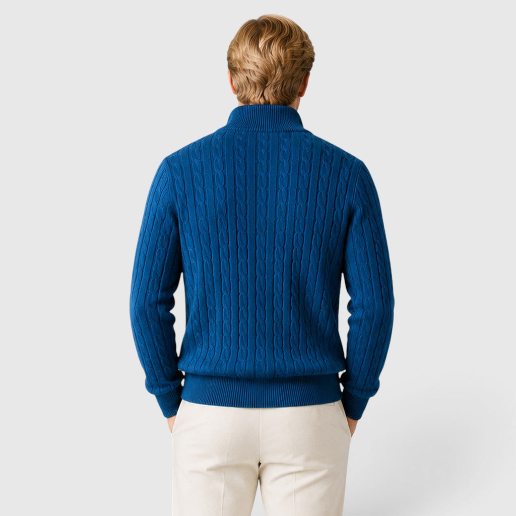 Men's cable knit zip neck jumper, view 12