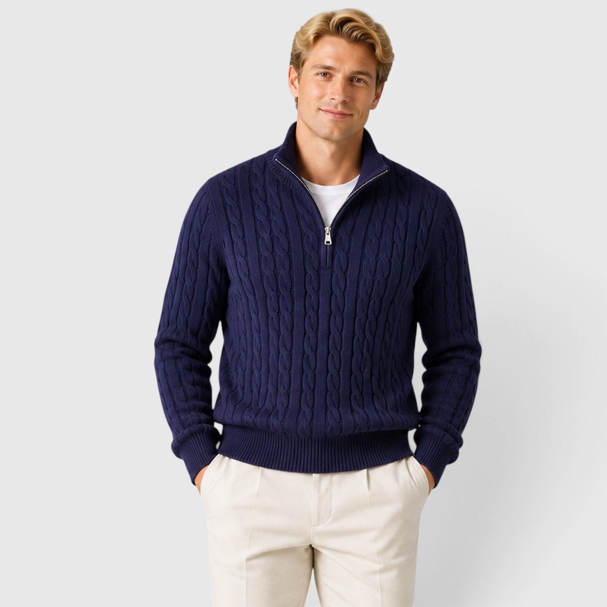 Men's cable knit zip neck jumper