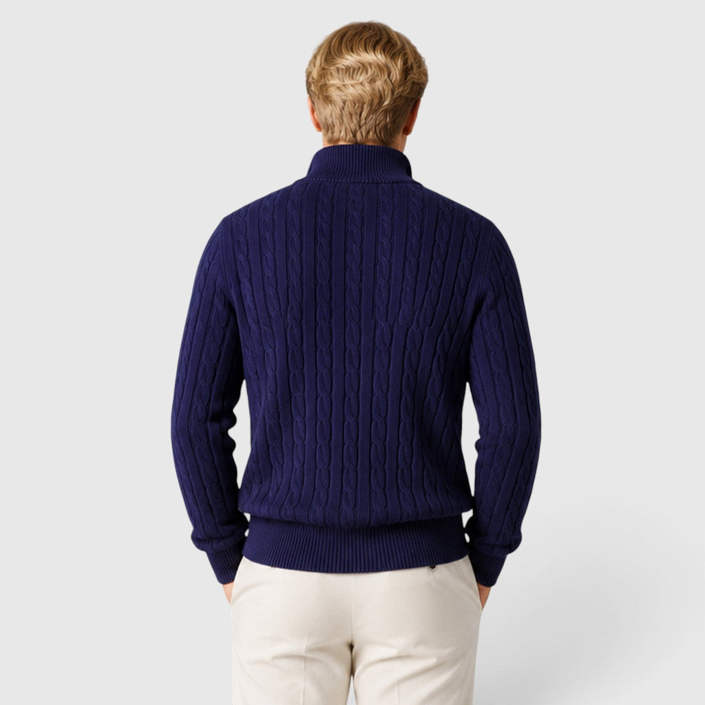 Men's cable knit zip neck jumper, back view